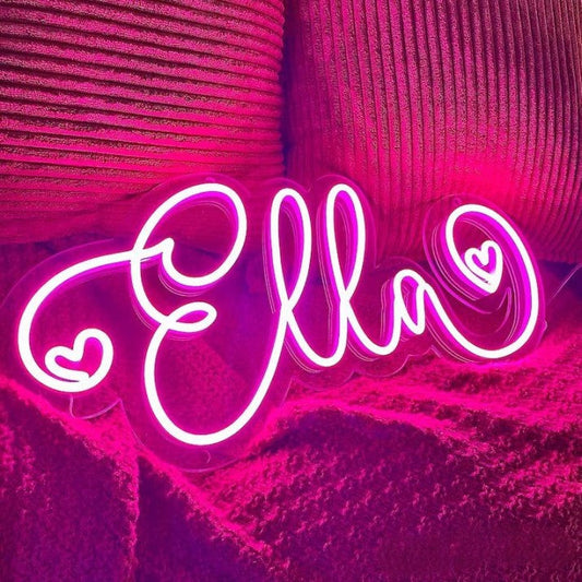 Custom neon sign for kids with personalized name in vibrant LED lights.