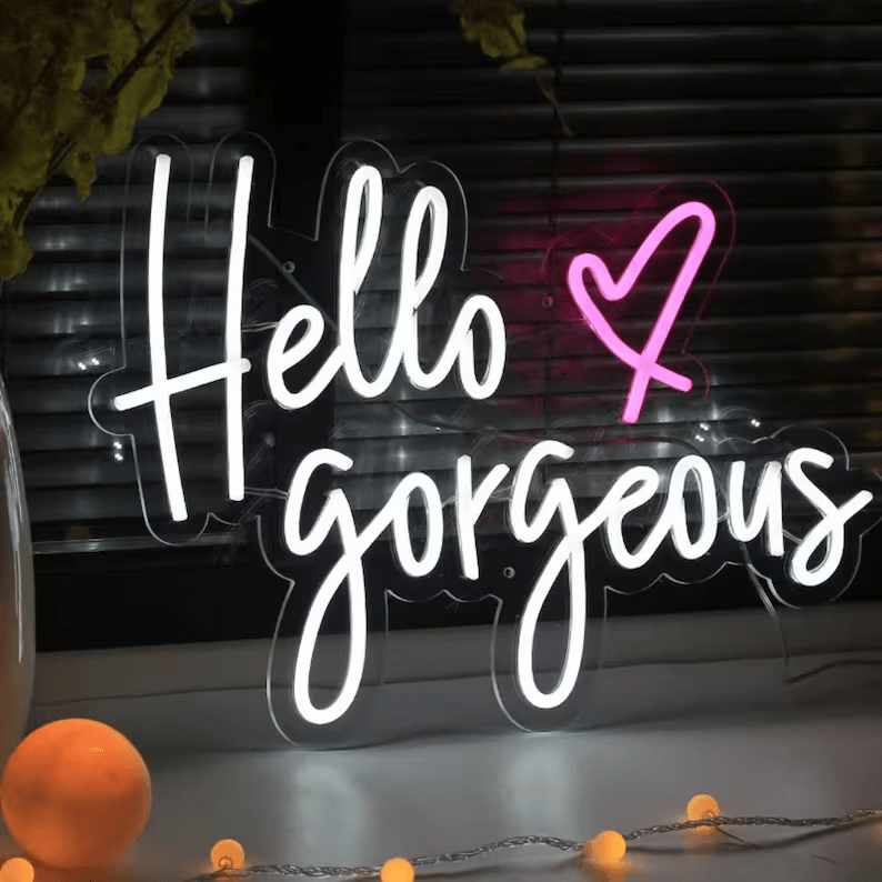 "Custom LED neon sign with 'Hello Gorgeous' design for home decor."